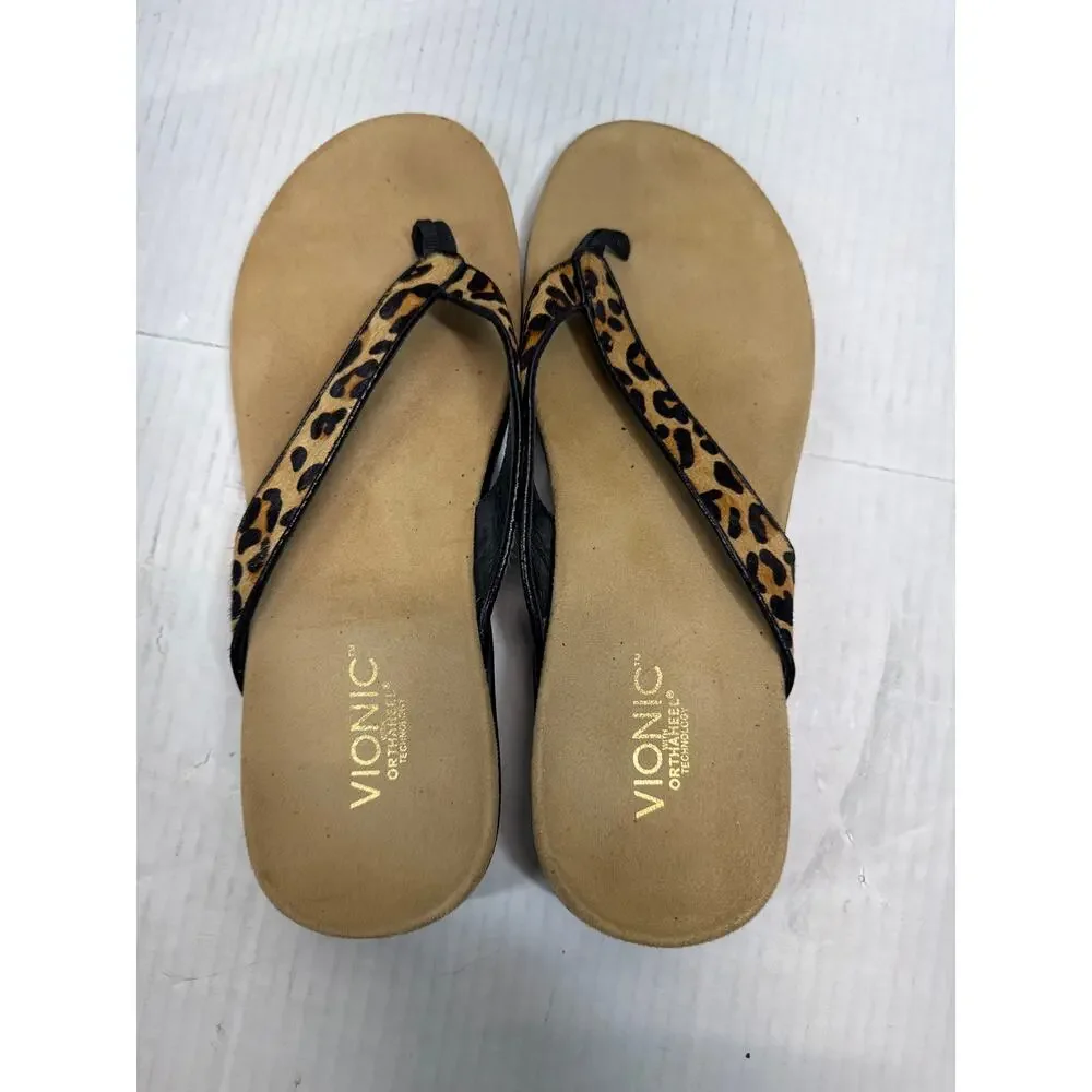 Vionic Selena Orthaheel Leopard Print Leather‎ Calf Hair Flip Flop Sandals Sz 10